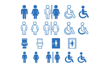 Blue toilet sign icon collection for restroom, bathroom, WC, and public facility signage