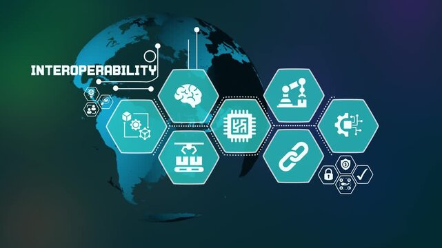 System interoperability concept with technical icons for seamless data exchange and integration between different software platforms.