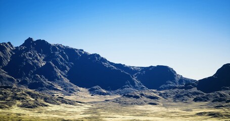 Obraz premium alien rocky landscape under bright blue sky, stark silhouettes and surreal formations create otherworldly mood for scifi scouting and cinematic backdrops