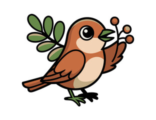 Obraz premium A cute cartoon bird holding a branch with leaves and berries in its beak and wing, standing on one leg.