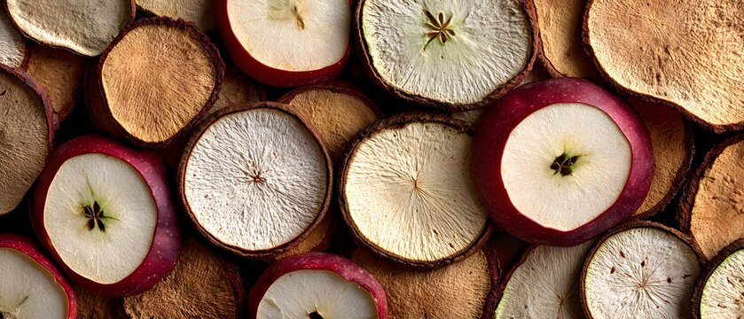 Close up of sliced apples and dehydrated fruit pieces arranged as a textured background