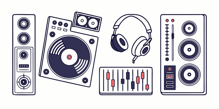 A collection of vintage audio equipment and musical instruments Vector
