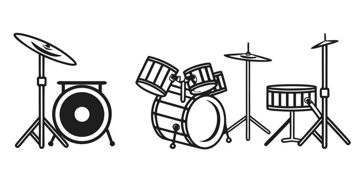 Three different types of drum sets displayed in a row. Vector
