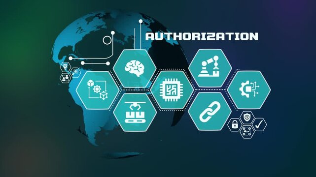User authorization and permission management concept with technical icons for secure data access and compliance control.