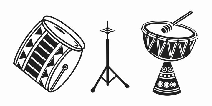 A collection of musical instruments including a drum, microphone stand, and hand drum. Vector