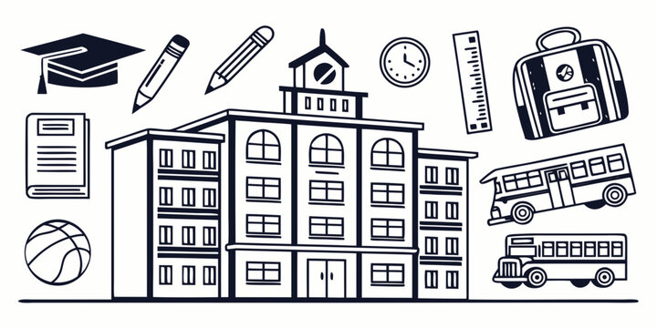 A diverse array of educational tools and subjects depicted in a colorful and engaging illustration Vector