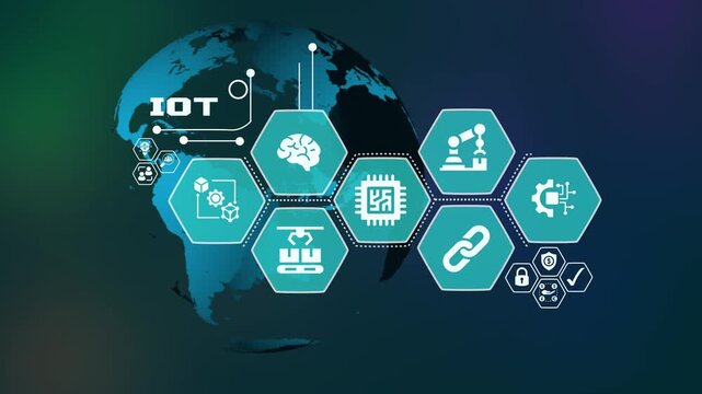 Internet of Things (IOT) ecosystem concept with icons for connected devices and smart industrial automation technology.