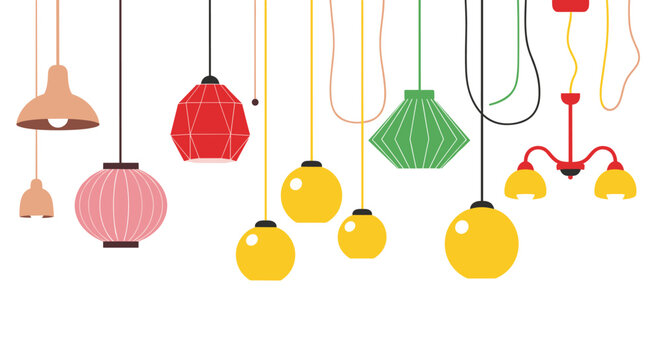 A colorful collection of hanging lamps and light fixtures in various shapes