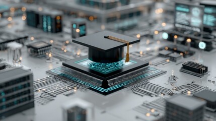 On a digital tablet, a graduation cap and diploma appear with cybersecurity shield icons, representing a Master of Science in cybersecurity and digital security know‑how