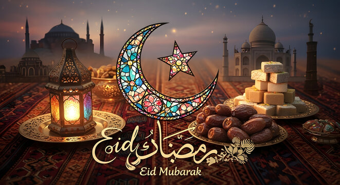 Eid Mubarak festive scene with a glowing Moroccan lantern, dates, sweets, and iconic landmarks like the Taj Mahal and mosques in the background.
