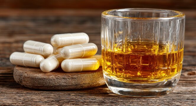A drink of alcohol alongside pills represents the threat of substance abuse