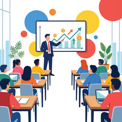 Business presentation with graph and students attending class vector illustration.