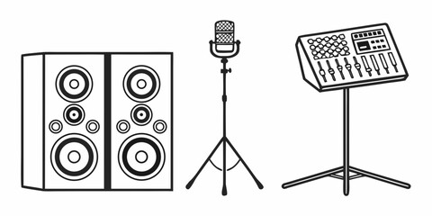 A music setup with speakers, a microphone, and a keyboard on stands Vector © MST CHIN BANU BEGUM