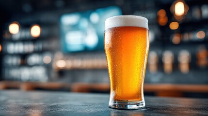 A refreshing pint of beer sits on a bar, ready to be enjoyed.