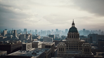 Obraz premium dramatic city skyline with historic dome, soft golden light and low clouds over dense rooftops, cinematic grain and panoramic aerial sweep highlighting stately