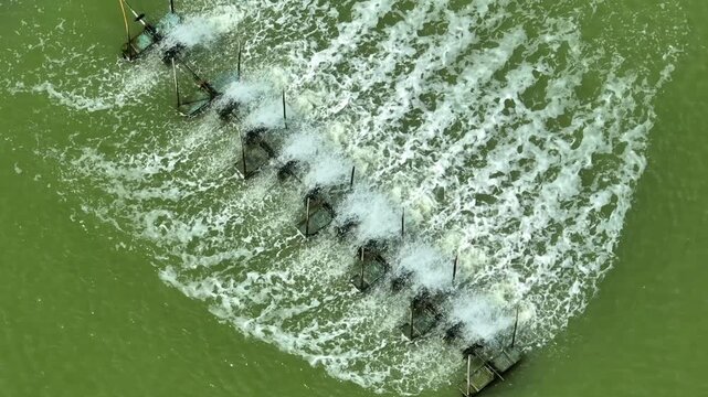Aerial drone view of a paddle wheel aeration system operating in an aquaculture pond, highlighting water circulation, oxygen enhancement, sustainable farming, and aquatic health management. Thailand.
