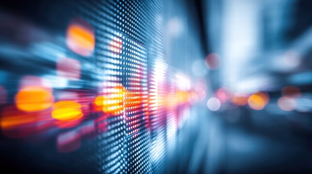 Dynamic led screen display with blurred bokeh lights, showing digital data and technology.