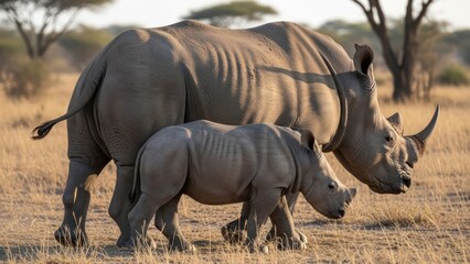 Fototapeta premium Mother Rhinoceros and Calf in Savanna Grassland.