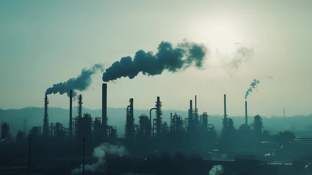 Industrial factory complex showing towering distillation columns, smokestacks, and chemical processing units actively releasing thick plumes of smoke and gas into a hazy, polluted sky