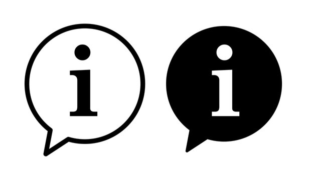 Set of black information icons including info buttons and speech bubble pointers, clean minimal vector signs for user interface, help sections, tooltips, guidance messages, apps, websites, and digital