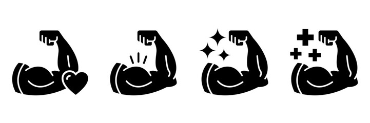 Strong hand black line icon set. Muscle arm logo, label, badge, symbol, strength, bicep, power, high, protein, man, flex, strong bone calcium, human body concept. Vector illustration.