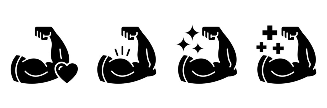 Strong hand black line icon set. Muscle arm logo, label, badge, symbol, strength, bicep, power, high, protein, man, flex, strong bone calcium, human body concept. Vector illustration.