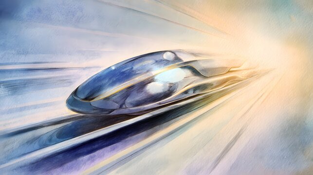 Futuristic hyperloop travel a sleek pod speeds through a vibrant watercolor tunnel illustration