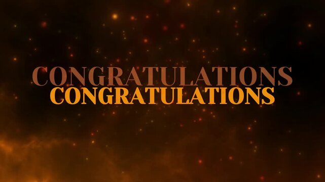Festive looping background animation featuring the bold word congratulations displayed twice in warm orange tones against a dark, fiery particle explosion effect.
