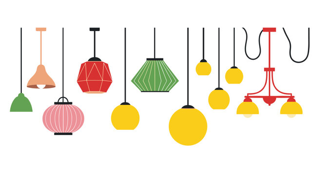 A colorful collection of hanging lamps and light fixtures in various shapes