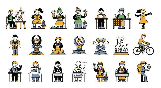 A colorful vector graphic illustration of various people in different professions and activities