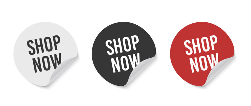 Shop now round sticker badge with special offer text, retail advertising symbol designed as paper label banner and adhesive tag for promotions, discounts, ecommerce, marketing campaigns, and product