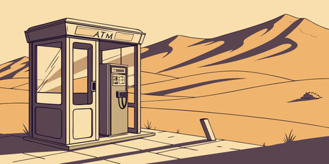 A vintage telephone booth stands alone in a vast desert landscape under a clear blue sky. Vector © MST CHIN BANU BEGUM