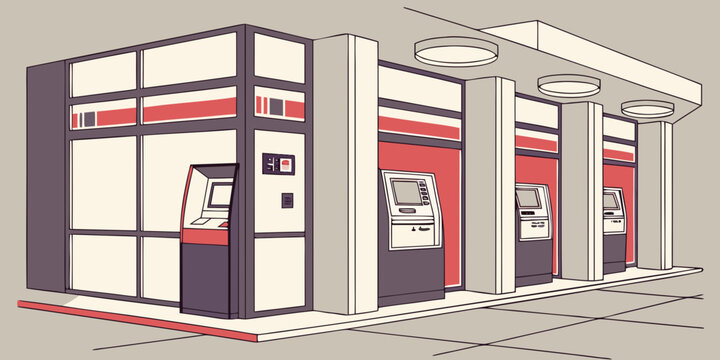 A row of red and white automated teller machines at a bank. Vector