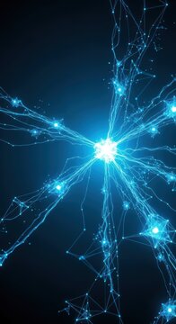 A futuristic AI network background with glowing blue digital lines and interconnected data nodes on a dark gradient, ideal for tech concepts, AI, Futuristic, computer