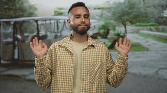 Young hispanic man with hands raised palms up and eyes closed standing on a street near parked van and stone wall; casual indifference.