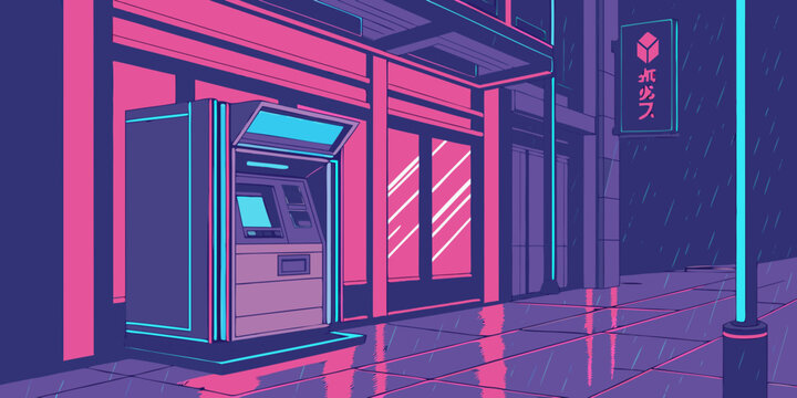 A vibrant and bustling city street at night with illuminated buildings and a tram. Vector