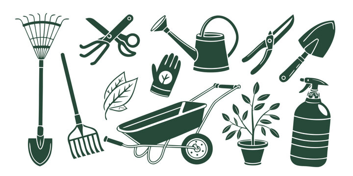 A variety of gardening tools and equipment arranged in a circular pattern Vector