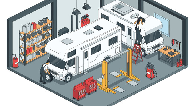 A vector graphic illustration of a garage with RVs and tools