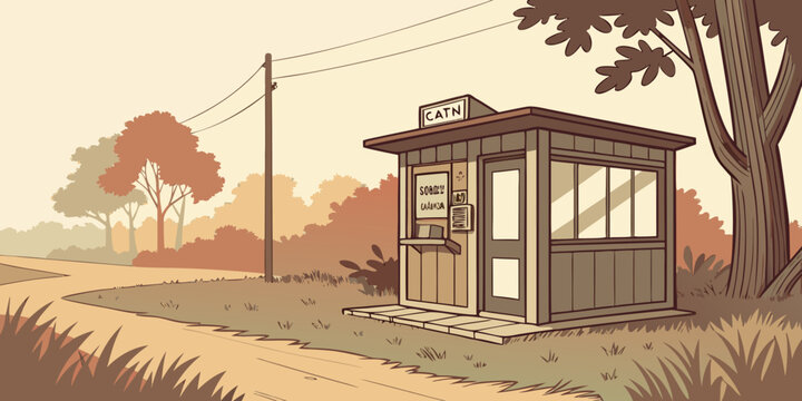 A serene countryside scene with a small bus stop and a solitary tree Vector