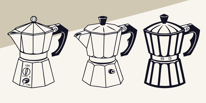 Three different types of stovetop espresso makers lined up next to each other Vector