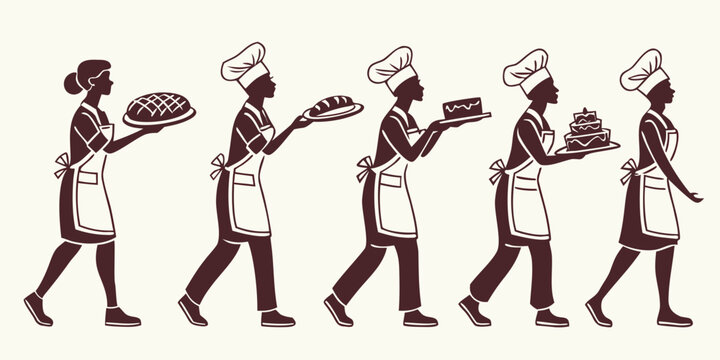 A sequence of chefs in white hats and aprons walking in a line, each holding a ladle. Vector