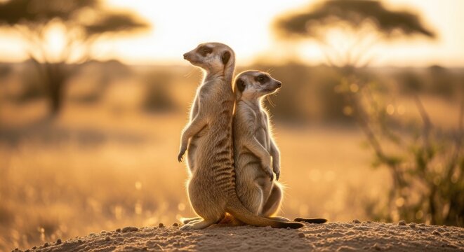 Golden hour meerkats standing back to back, wild suricates on lookout in African savanna, sunset wildlife photography with warm bokeh background