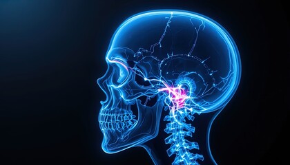 Human skull with glowing blue neural pathways showing pain in neck