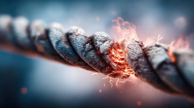 Close-up of a frayed rope with electric sparks, symbolizing a breaking point.