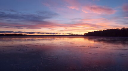 Obraz premium Serene winter sunset paints a frozen lake in warm golden pink hues reflecting tranquil beauty