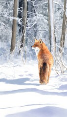 Red Fox Portrait Winter Landscape Watercolor Illustration Peaceful Wildlife Scene Serene Seasonal Beauty