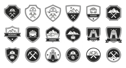 Collection of vintage mining badges and emblems in monochrome style.