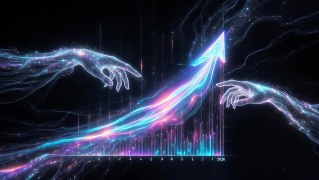 Abstract human hands touching an ascending neon graph showcasing digital transformation and future market expansion.