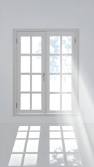 Obraz premium Sunlit window with grid panes casting a shadow on a white interior