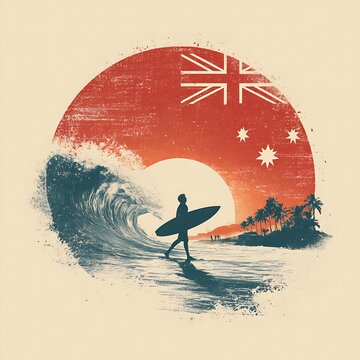 A surfer walks along a beach with a large wave, silhouetted against a stylized Australian flag shaped like a wave.